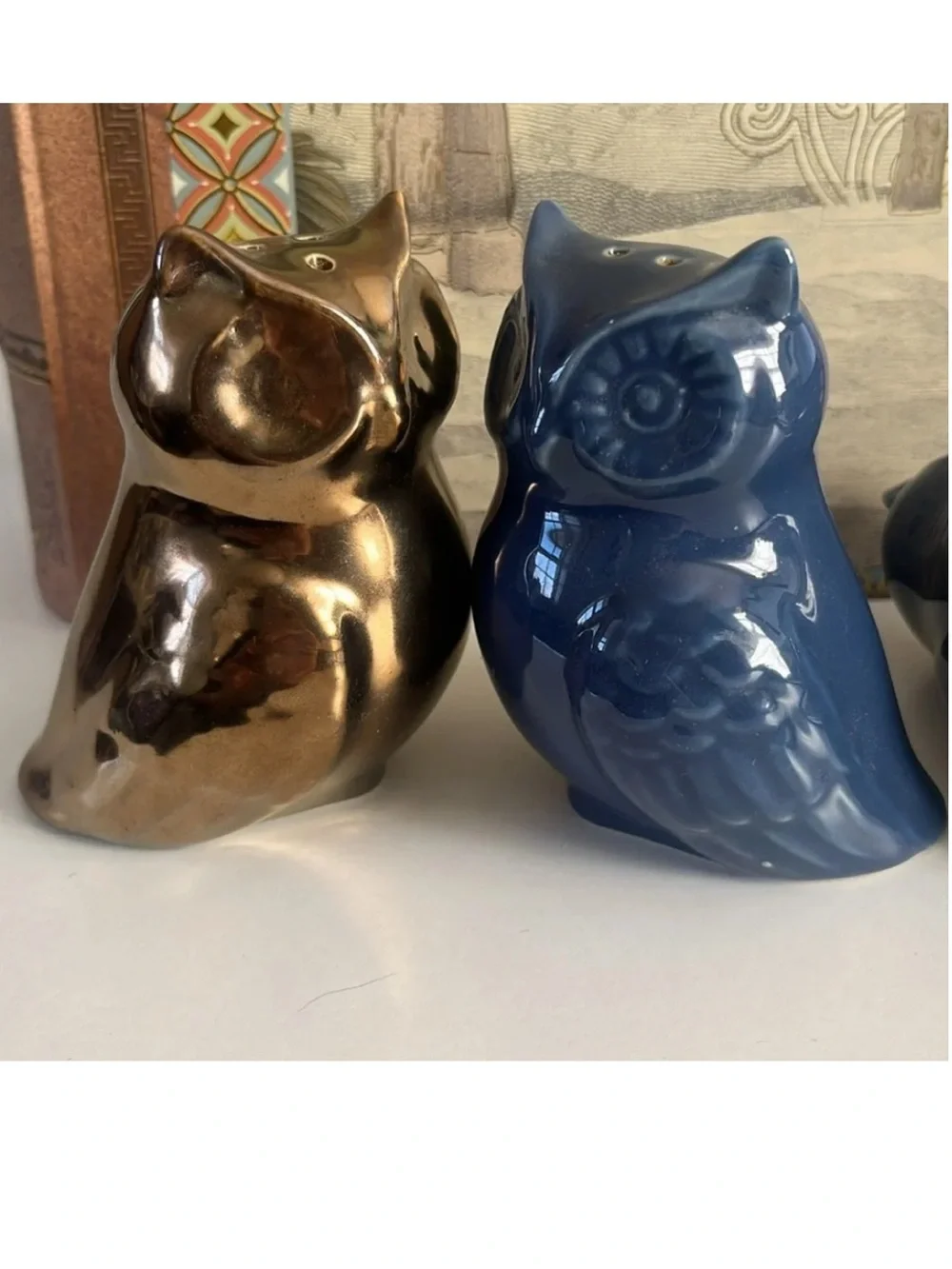Set of Target 3 owl salt pepper shakers 2- blue and 1- metallic bronze gold EUC